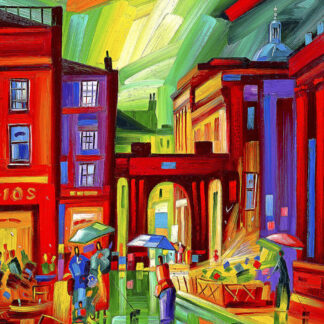 A vibrant, expressionistic painting depicting a bustling street scene with people, buildings, and an energetic, colorful sky. By Raymond Murray